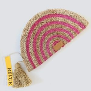 Revue Kelly Half Moon Clamshell Clutch Bag Wristlet Woven Pink Jute Tassel